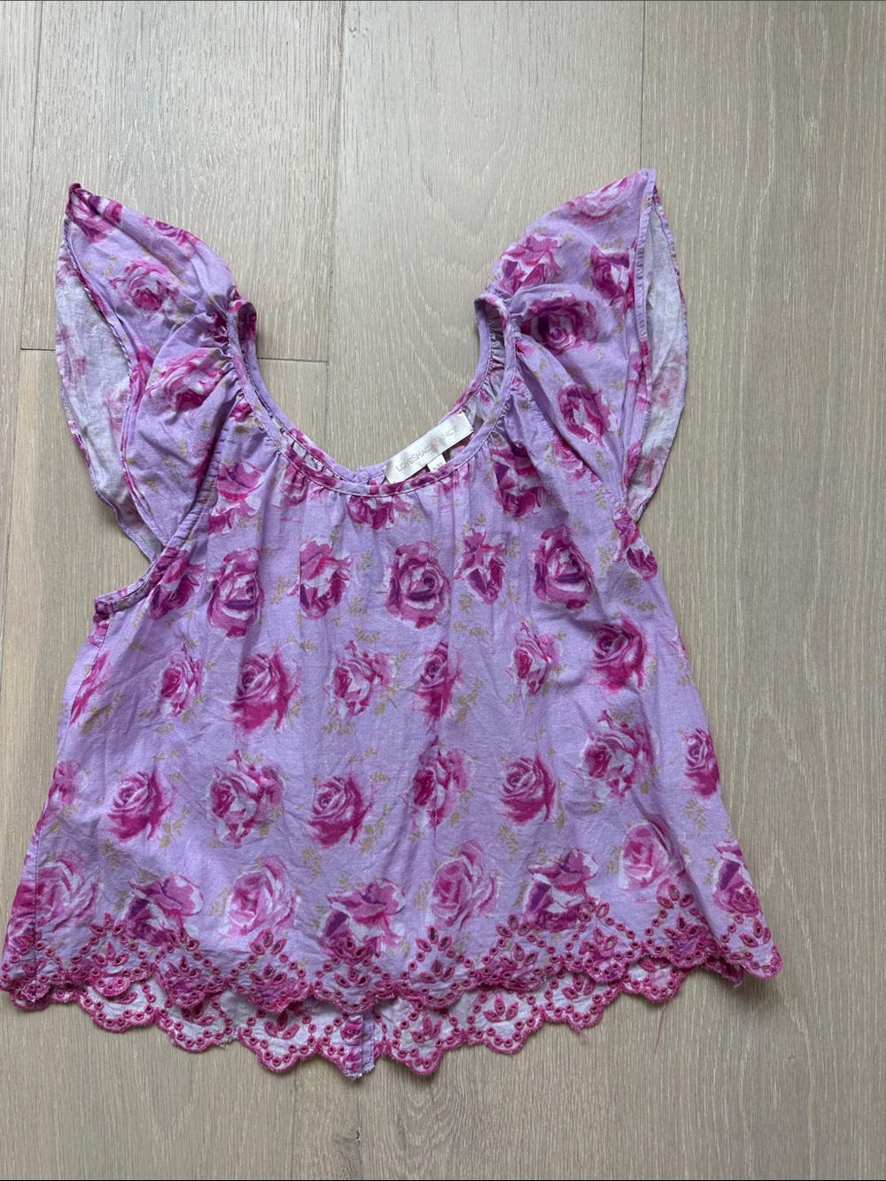 LoveShackFancy Lavender Floral Flutter Sleeve Top